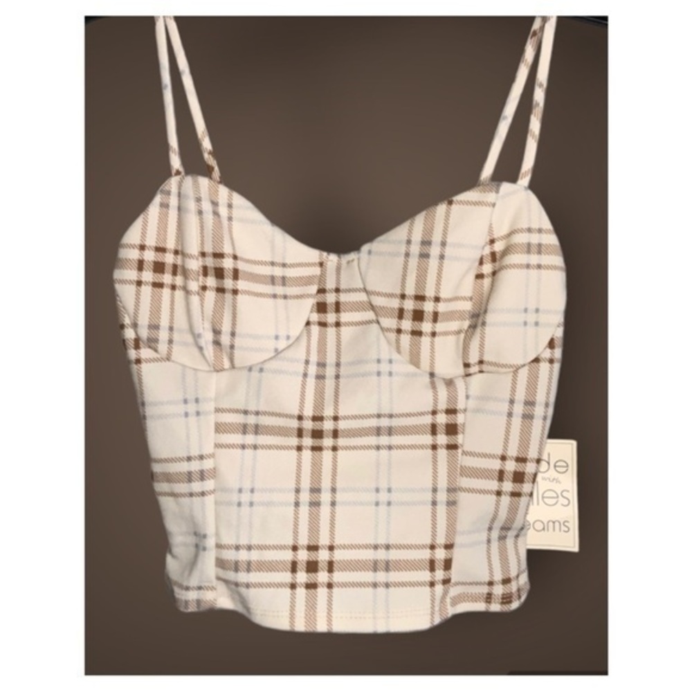 Timing Cream Plaid Stretchy Cropped Spaghetti Strap Tank Top XS NWT